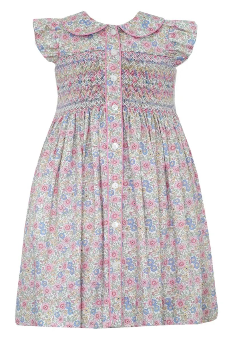 Anavini Couture Girls Pink & Blue Liberty Floral Smocked Bodice Dress by Anavini