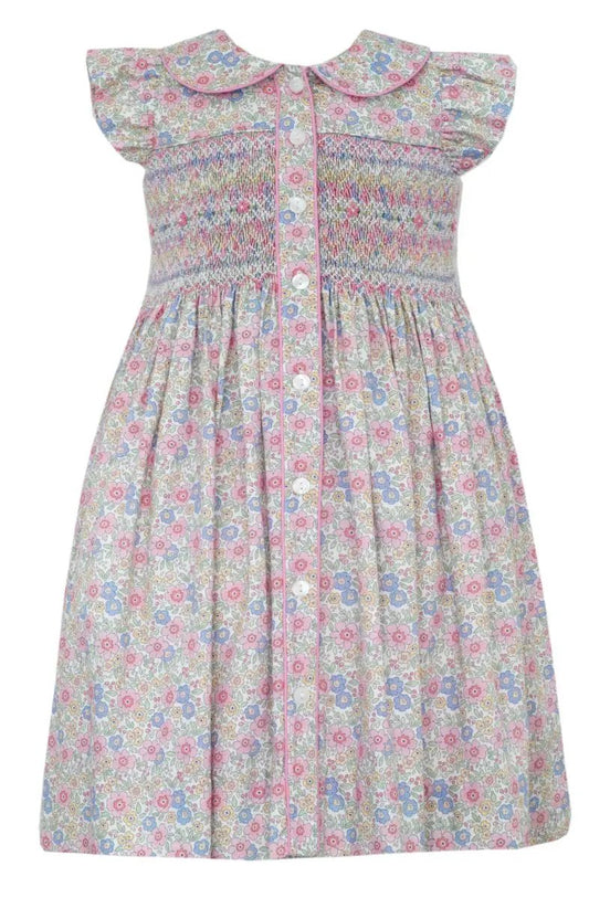 Anavini Couture Girls Pink & Blue Liberty Floral Smocked Bodice Dress by Anavini