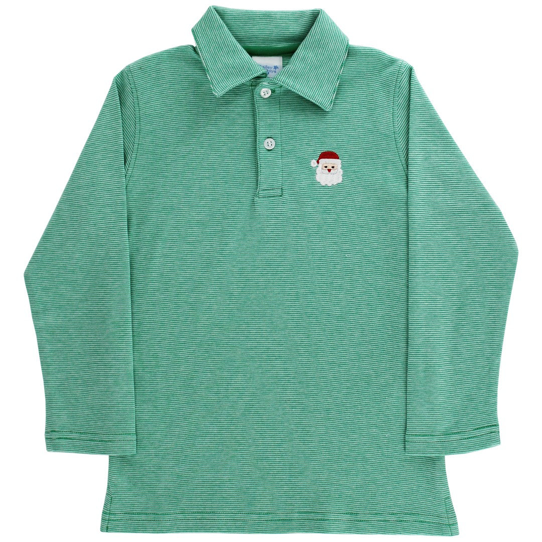 Bailey Boys Green Microstripe Polo Shirt - Embroidered Santa Claus