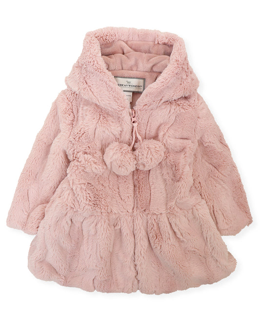 Widgeon Girls Coat - Hooded Zip Front Pom Pom Faux Fur - Pink Chow Chow