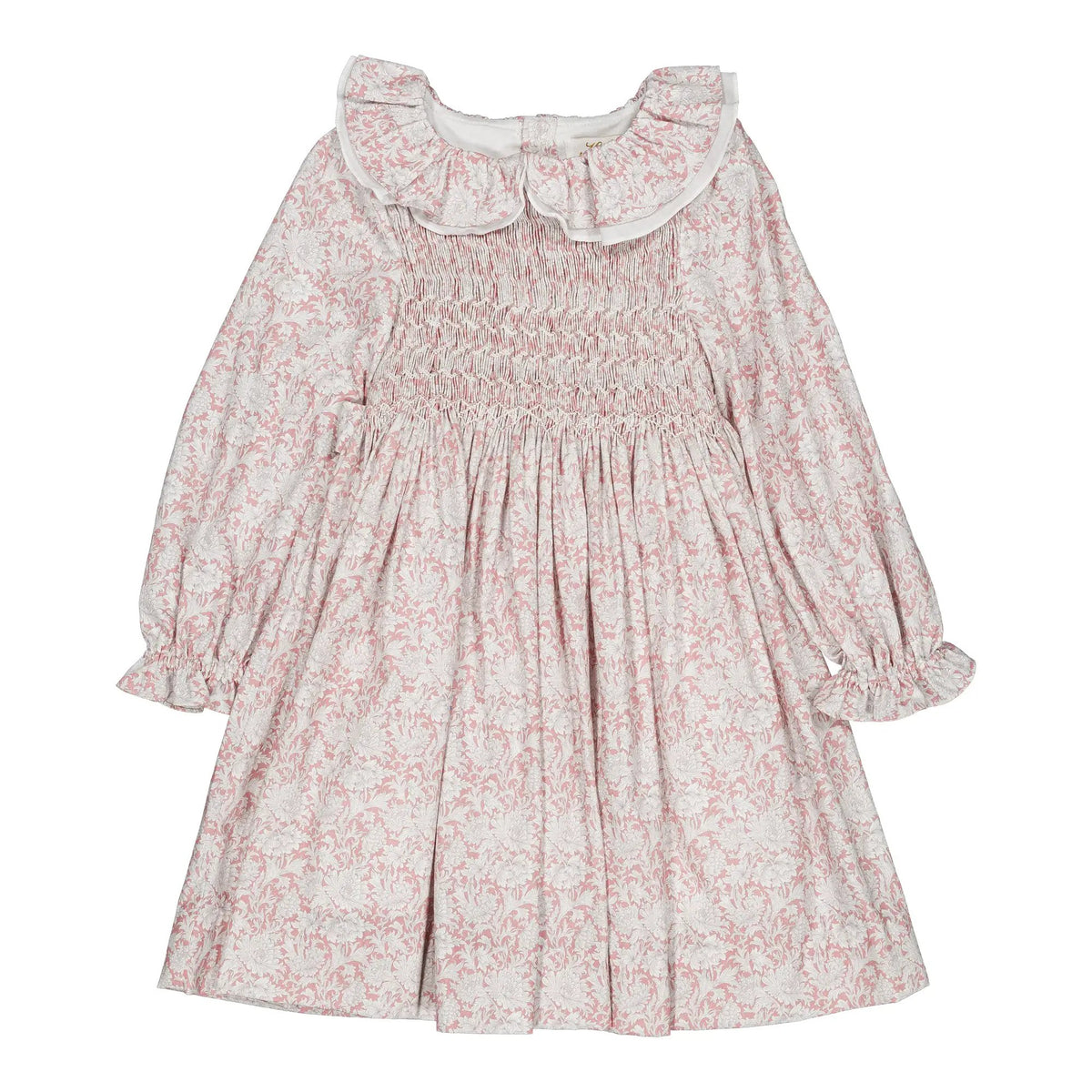 Kidiwi France Girls Pink Floral Smocked Josephine Dress - Contrast Sash - Ruffle Collar