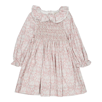 Kidiwi France Girls Pink Floral Smocked Josephine Dress - Contrast Sash - Ruffle Collar by Kidiwi