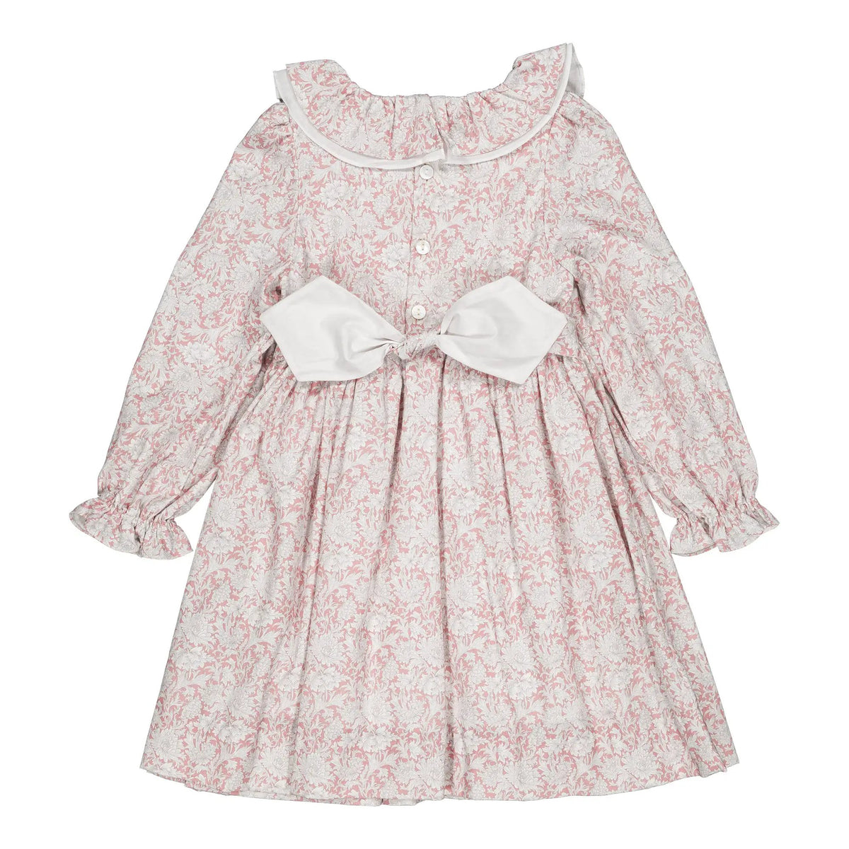 Kidiwi France Girls Pink Floral Smocked Josephine Dress - Contrast Sash - Ruffle Collar by Kidiwi