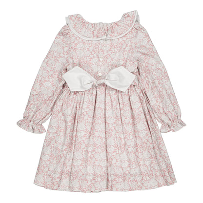 Kidiwi France Girls Pink Floral Smocked Josephine Dress - Contrast Sash - Ruffle Collar by Kidiwi