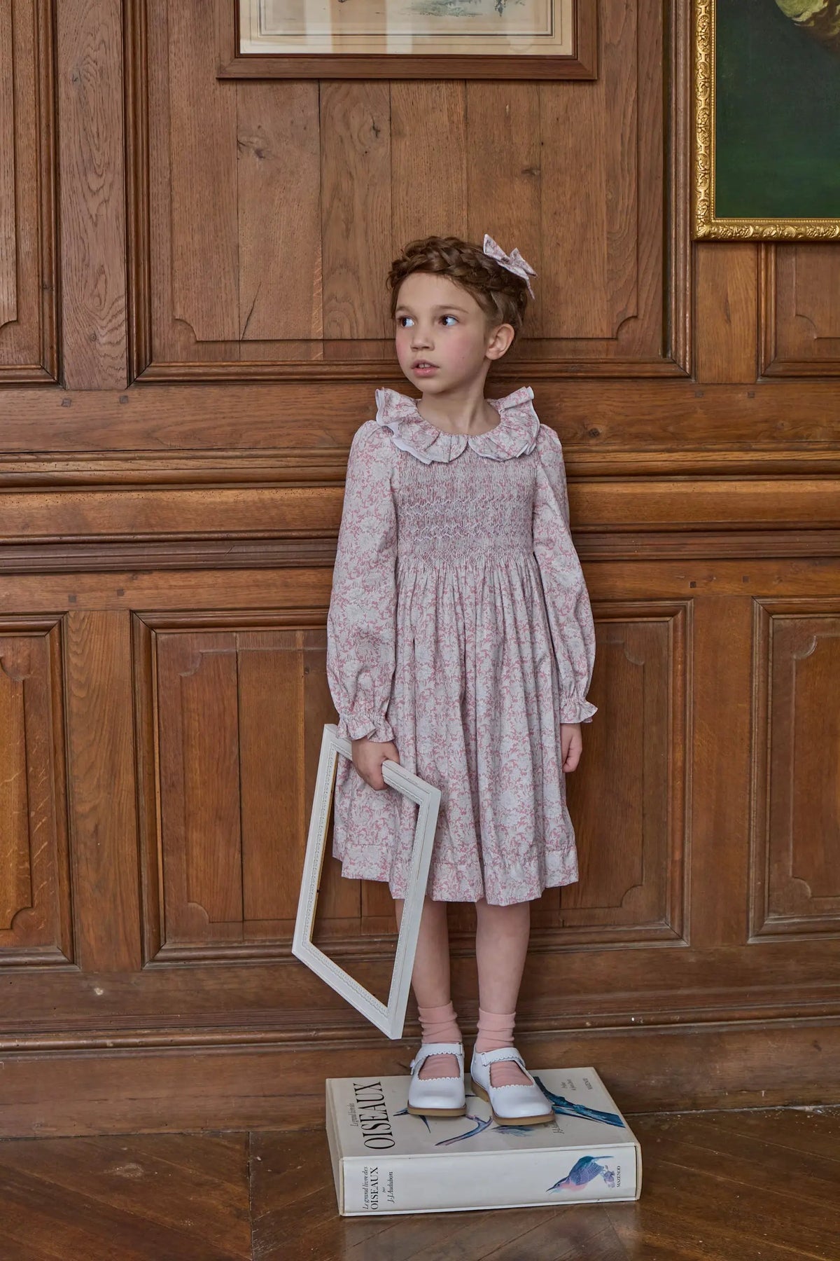 Kidiwi France Girls Pink Floral Smocked Josephine Dress - Contrast Sash - Ruffle Collar