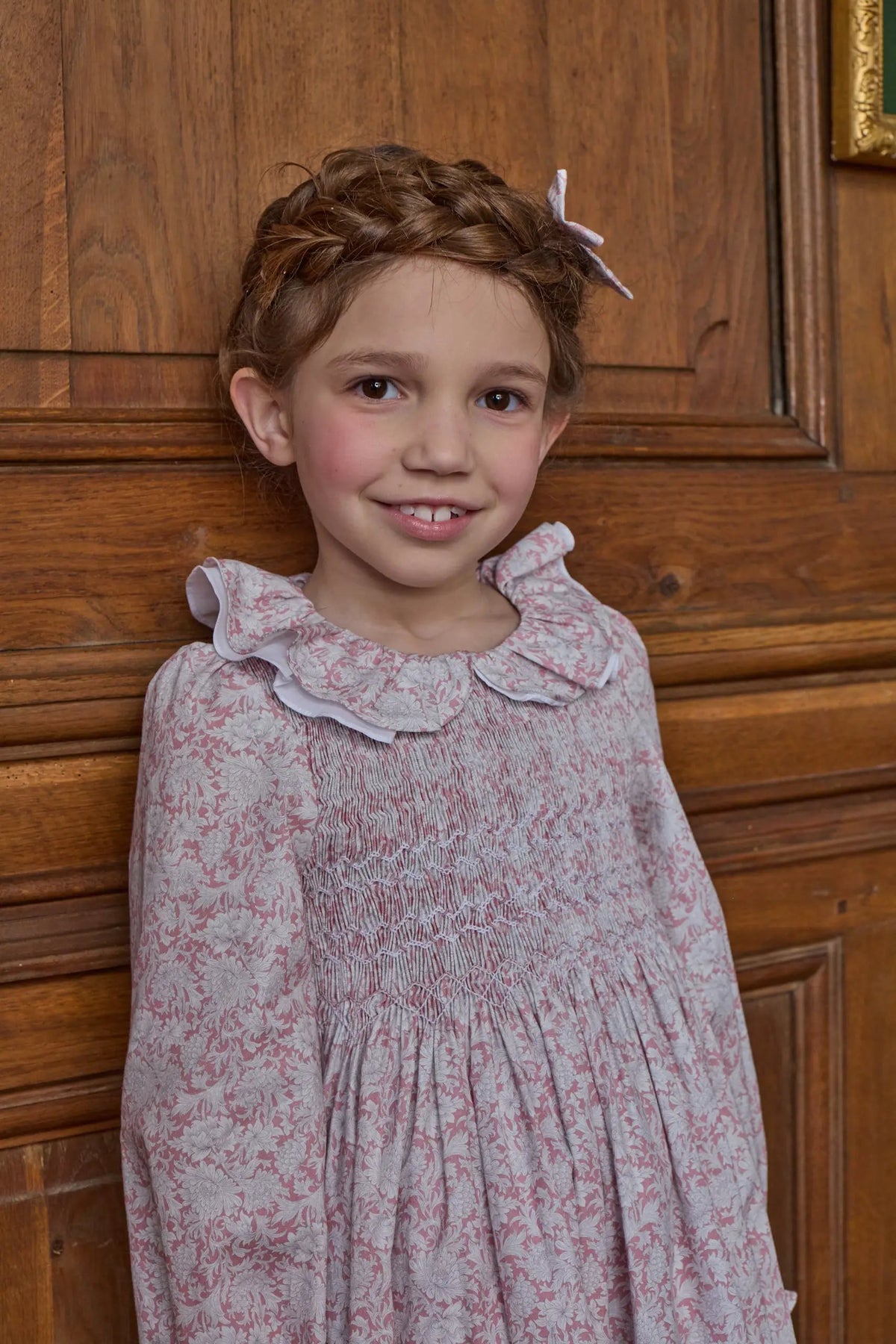 Kidiwi France Girls Pink Floral Smocked Josephine Dress - Contrast Sash - Ruffle Collar