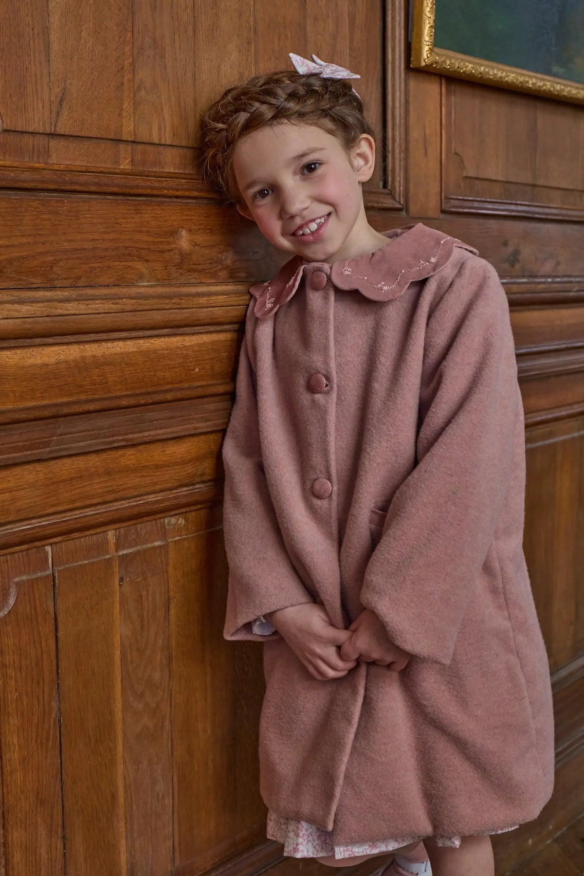 Kidiwi France Girls Pink Wool Maryse Dress Coat - Scallop Collar by Kidiwi