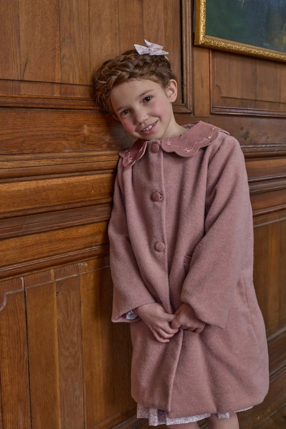 Kidiwi France Girls Pink Wool Maryse Dress Coat - Scallop Collar by Kidiwi