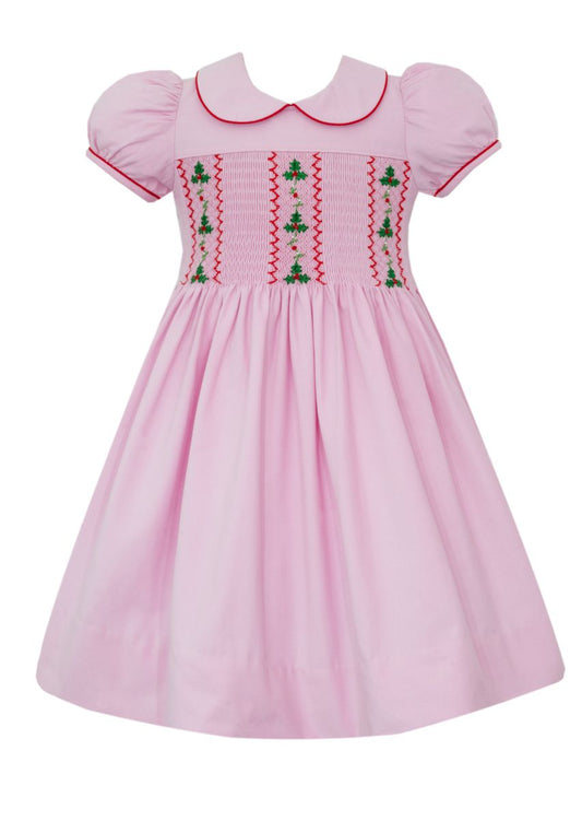 Anavini Couture Girls Green Corduroy Smocked Dress with Red Velvet Collar
