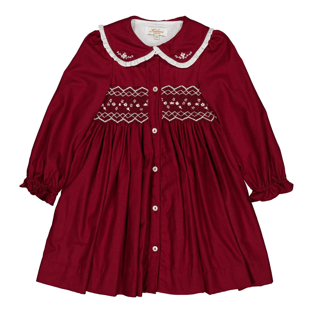 Kidiwi France Girls Burgundy Smocked Phillippine Dress - Button Front
