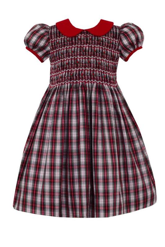 Anavini Couture Girls Red & White Tartan Plaid Dress - Red Collar - Fully Smocked Bodice by ANAVINI