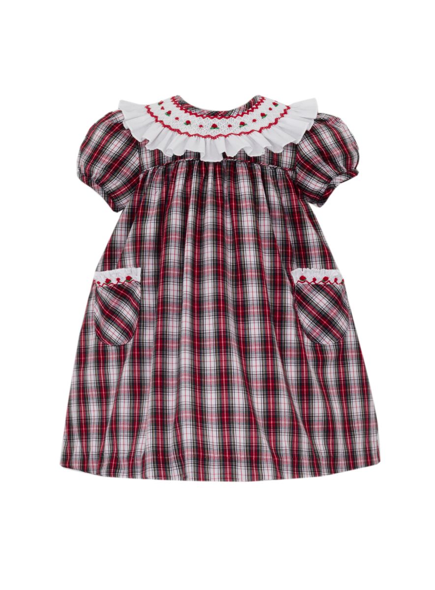 Anavini Couture Girls Red and White Tartan Plaid Float Dress - Pockets and Smocked Collar