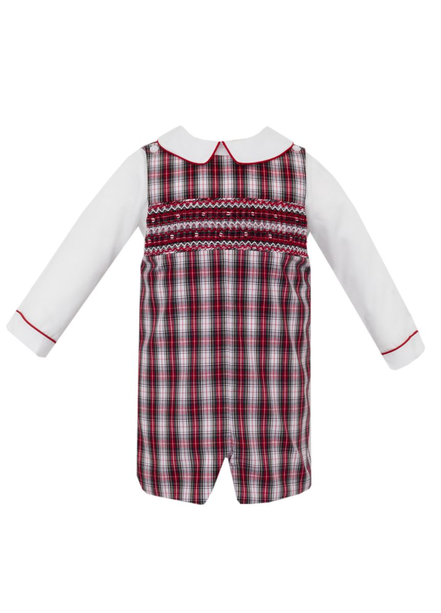 Anavini Couture Boys Red and White Tartan Plaid Smocked Jon Jon with Shirt