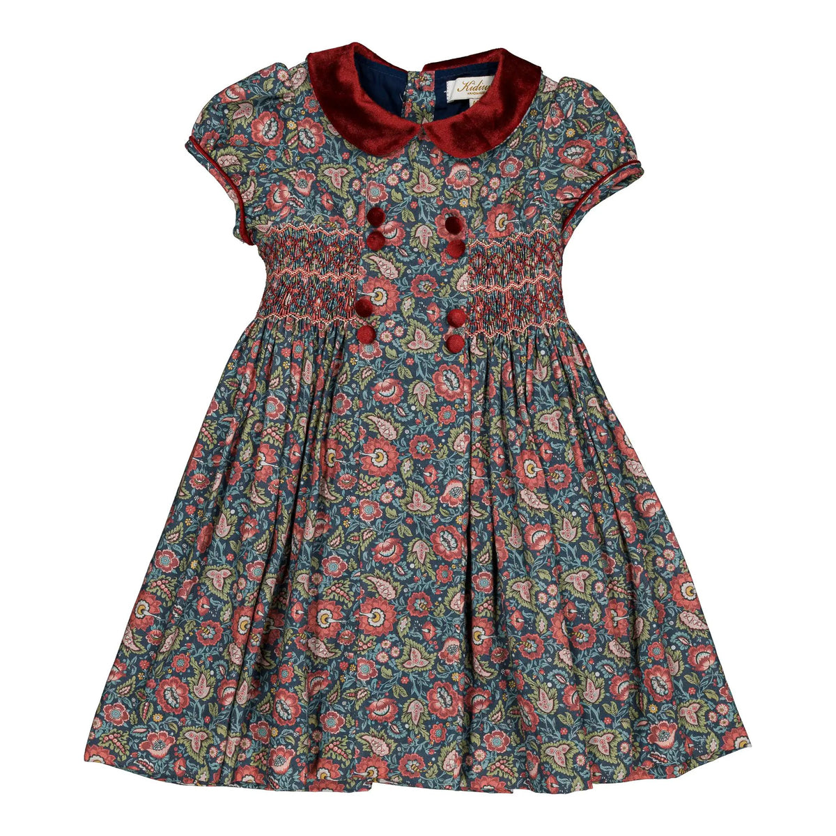 Kidiwi France Girls Burgundy Floral Smocked Rison Dress - Velvet Collar