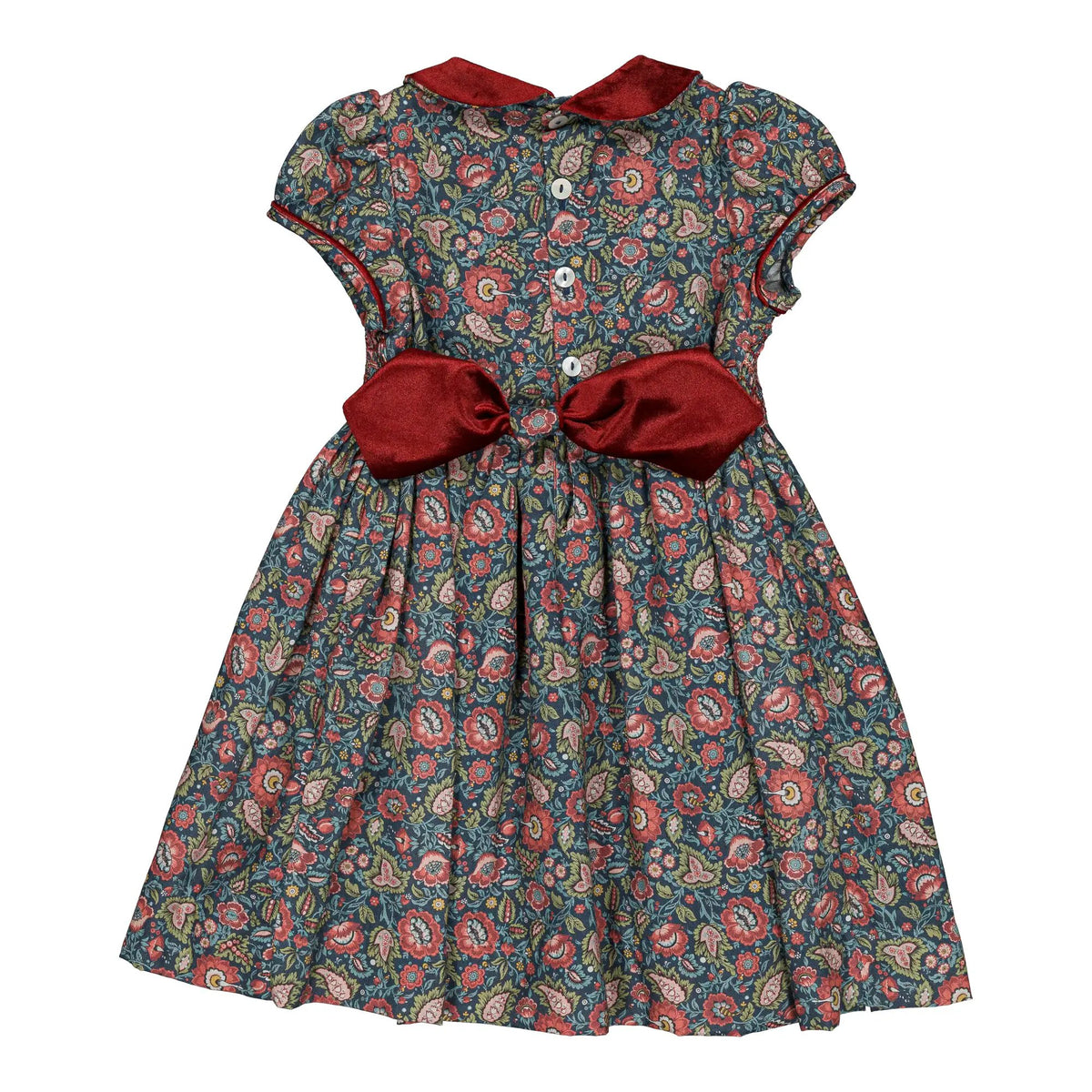 Kidiwi France Girls Burgundy Floral Smocked Rison Dress - Velvet Collar