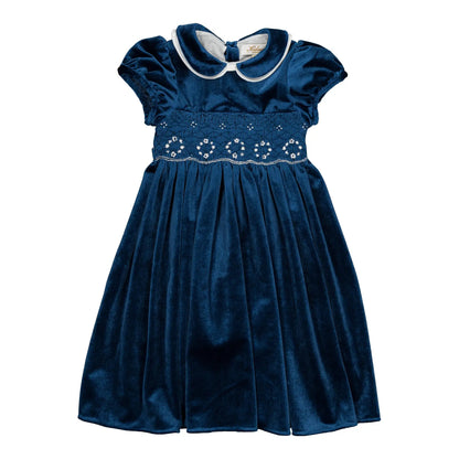 Kidiwi France Girls Velvet Smocked Mathilde Dress - Contrast Sash - Navy Blue by Kidiwi