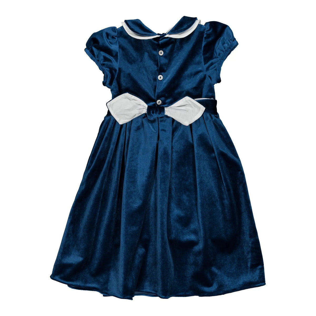 Kidiwi France Girls Velvet Smocked Mathilde Dress - Contrast Sash - Navy Blue