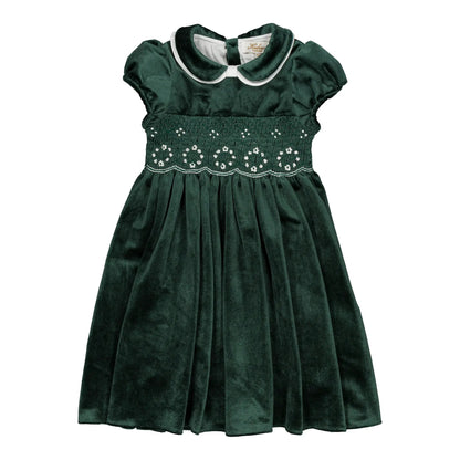 Kidiwi France Girls Velvet Smocked Mathilde Dress - Contrast Sash - Emerald Green by Kidiwi
