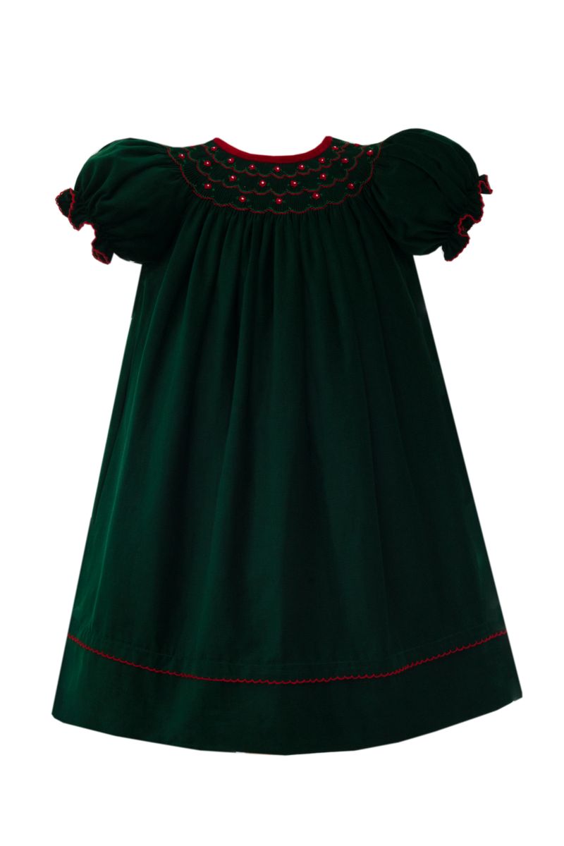 Anavini Girls Navy Blue Corduroy Bishop Dress with Smocked Christmas Trees main image 0