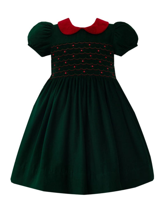 Anavini Couture Girls Green Corduroy Smocked Dress with Red Velvet Collar by Anavini