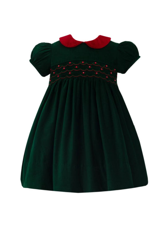 Anavini Couture Girls Green Corduroy Smocked Dress with Red Velvet Collar by Anavini