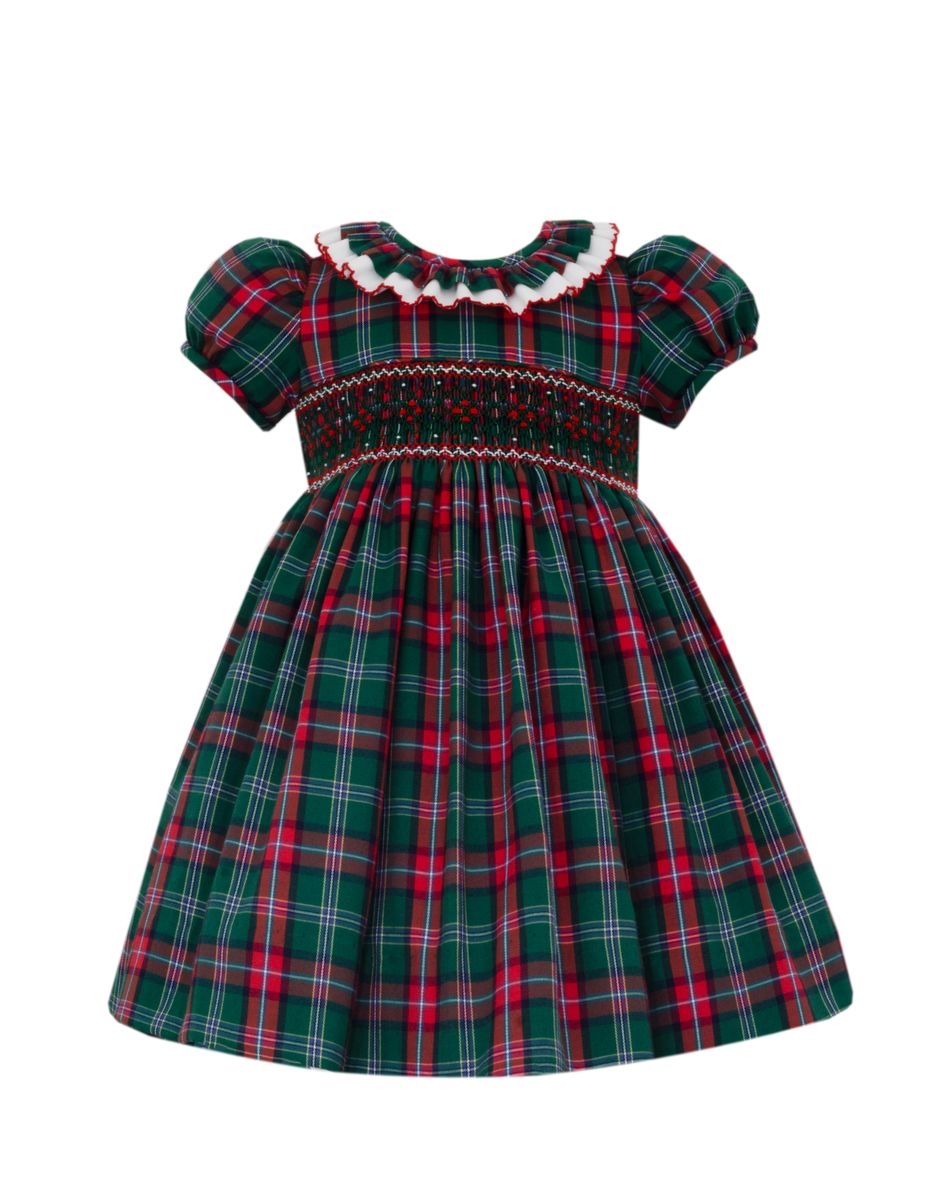 Anavini Couture Girls Red & Green Plaid Smocked Dress with Ruffled Collar