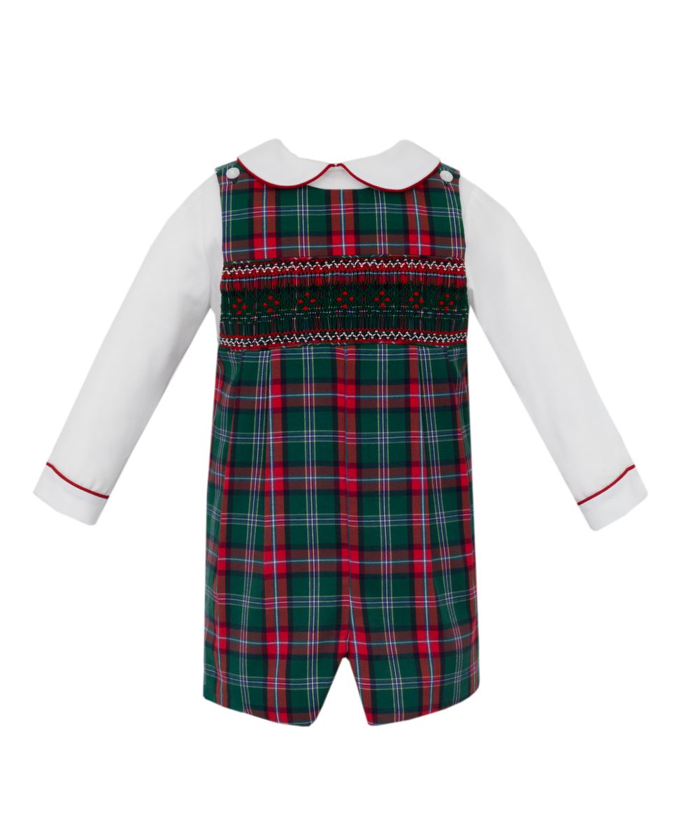 Anavini Couture Boys Red & Green Plaid Jon Jon - White Long Sleeved Shirt Piped in Red