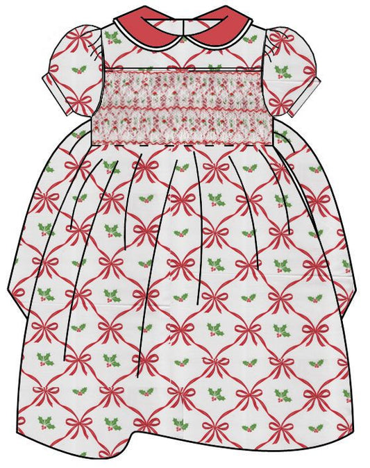 Anavini Couture Girls Red Holiday Bow Print Smocked Dress by Anavini