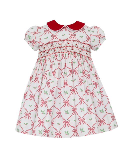 Anavini Couture Girls Red Holiday Bow Print Smocked Dress with Red Collar by Anavini