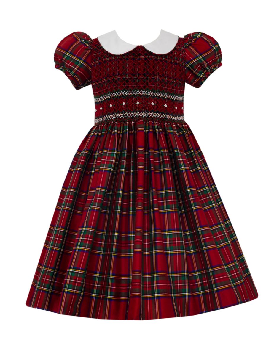 Anavini Girls Red Holiday Plaid Silk Dress with White Collar
