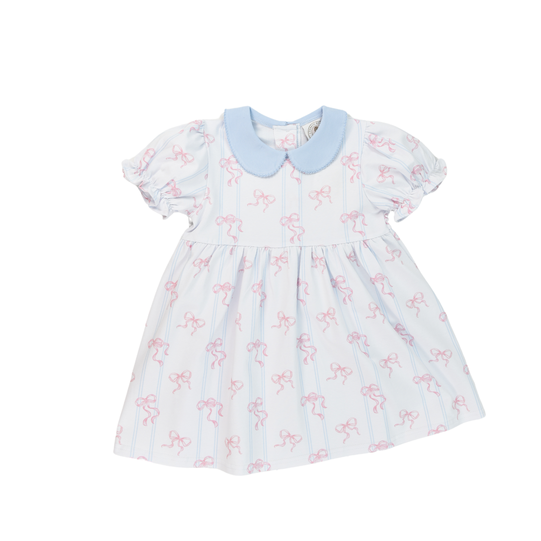Cypress Row Girls Collins Dress - Pink Bowtiful Bows with Blue Collar