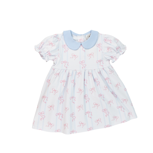 Cypress Row Girls Collins Dress - Pink Bowtiful Bows with Blue Collar by Cypress Row