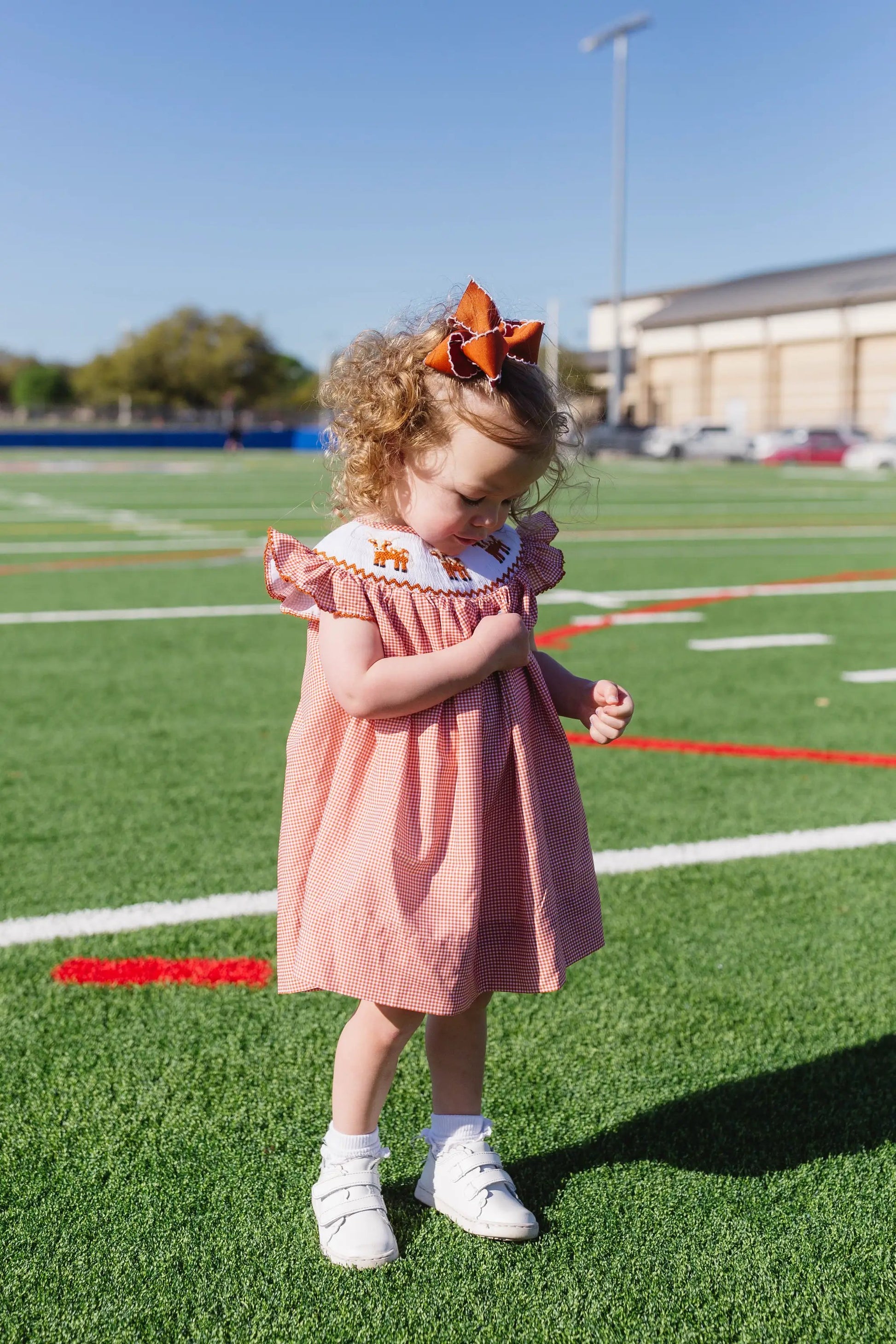 Shop Teeta Girls Kate Dress - Orange Gingham Smocked Texas Longhorns