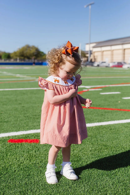 Shop Teeta Girls Kate Dress - Orange Gingham Smocked Texas Longhorns