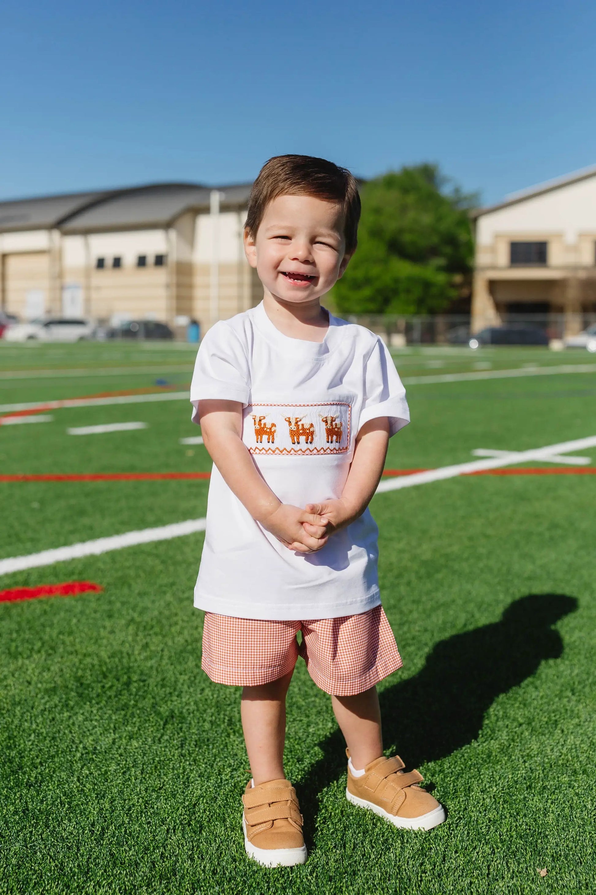 Shop Teeta Boys Shorts Set - Orange Gingham Smocked Texas Longhorns Shirt