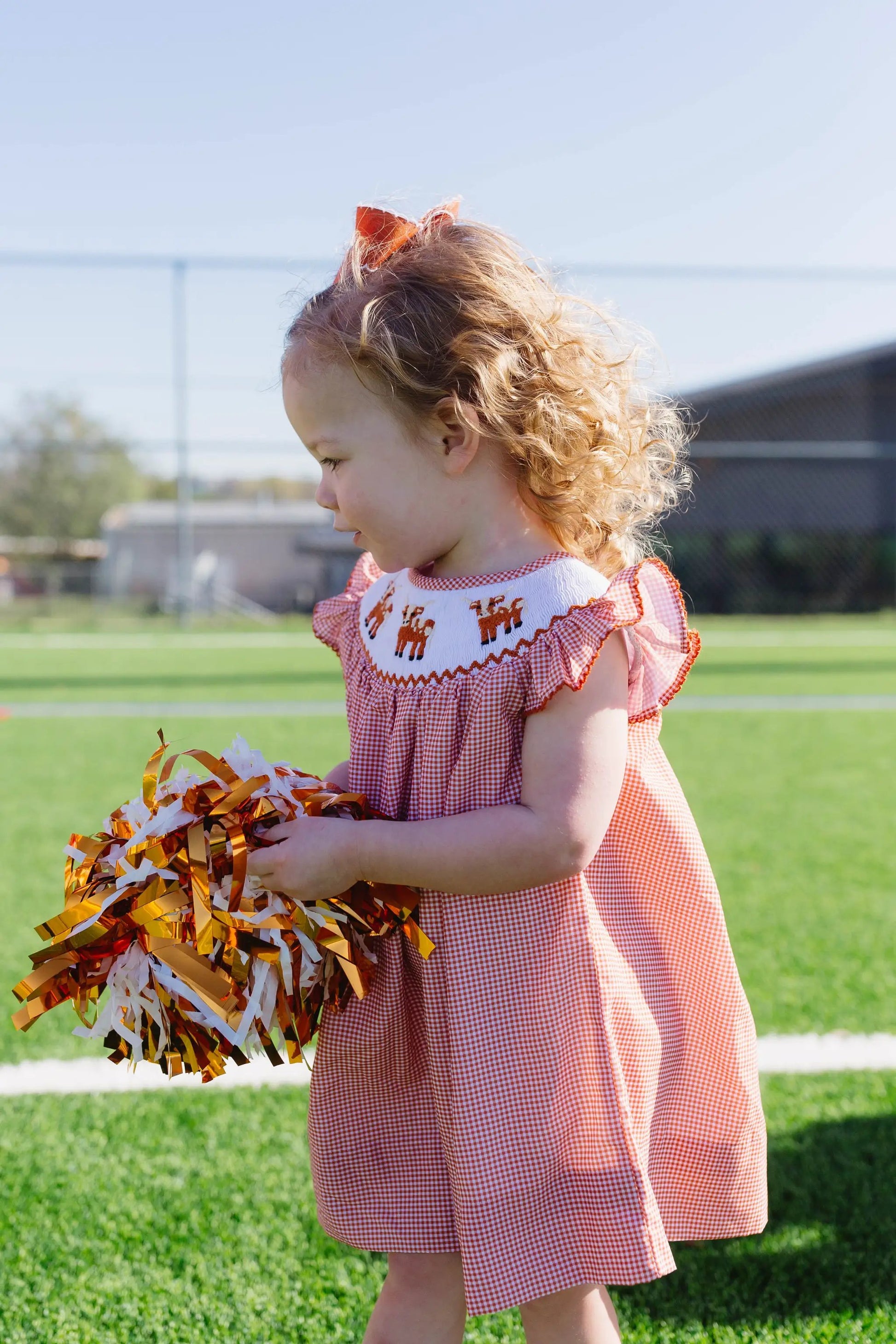 Shop Teeta Girls Kate Dress - Orange Gingham Smocked Texas Longhorns