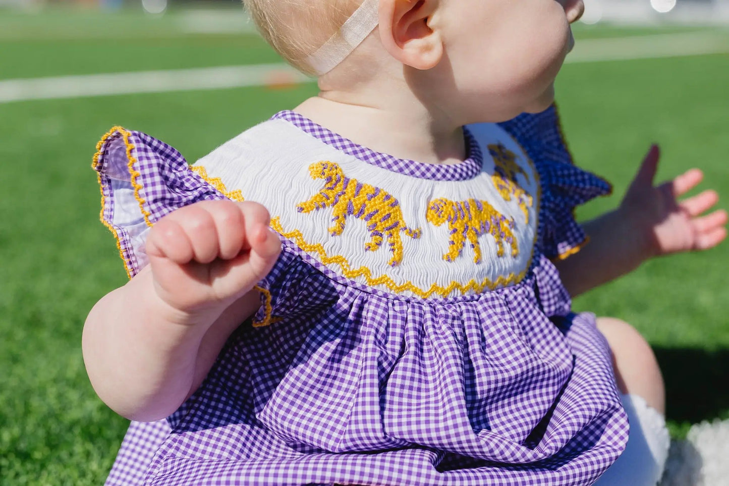 Shop Teeta Girls Hallie Bubble - Purple Gingham with Smocked LSU Tigers
