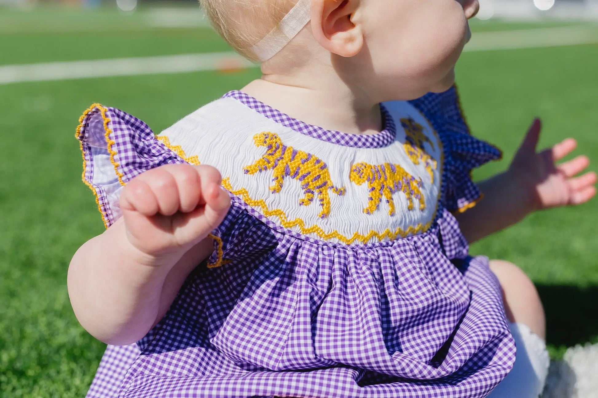 Shop Teeta Girls Hallie Bubble - Purple Gingham with Smocked LSU Tigers