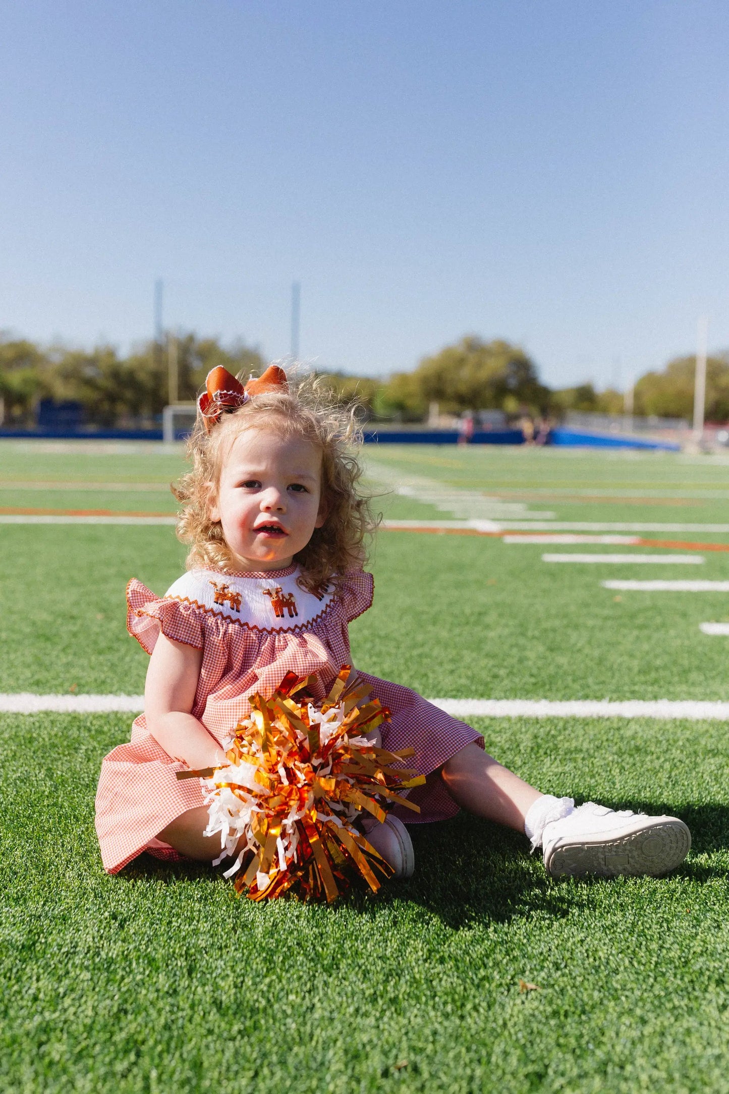 Shop Teeta Girls Kate Dress - Orange Gingham Smocked Texas Longhorns