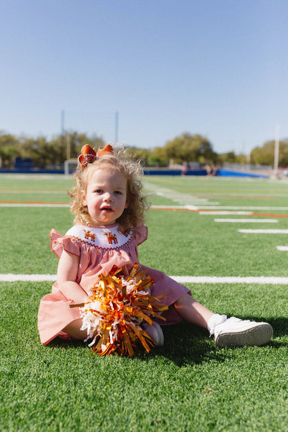 Shop Teeta Girls Kate Dress - Orange Gingham Smocked Texas Longhorns