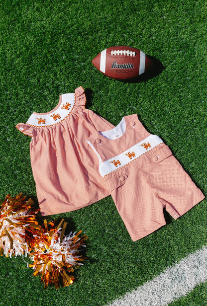 Shop Teeta Boys Henry Jon Jon - Orange Gingham Smocked Texas Longhorns