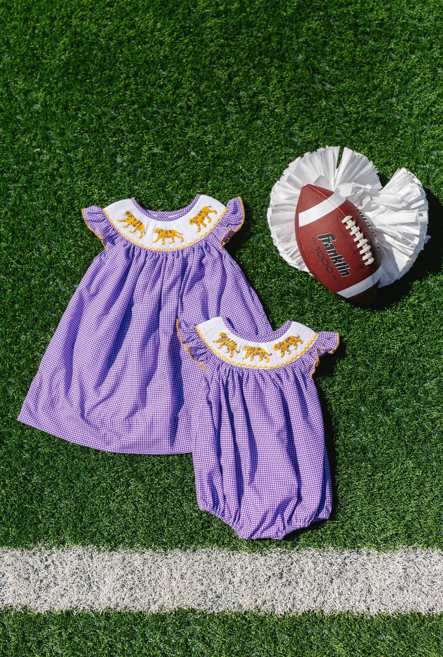 Shop Teeta Girls Kate Dress - Purple Gingham with Smocked LSU Tigers
