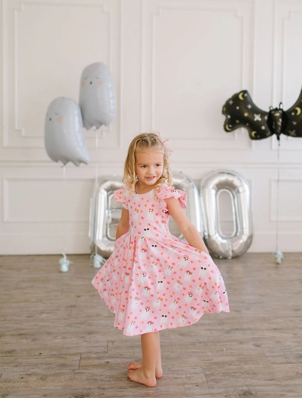 Ollie Jay Girls Olivia Twirl Dress - Pink Halloween Ghosts by Ollie Jay