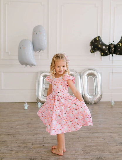Ollie Jay Girls Olivia Twirl Dress - Pink Halloween Ghosts by Ollie Jay