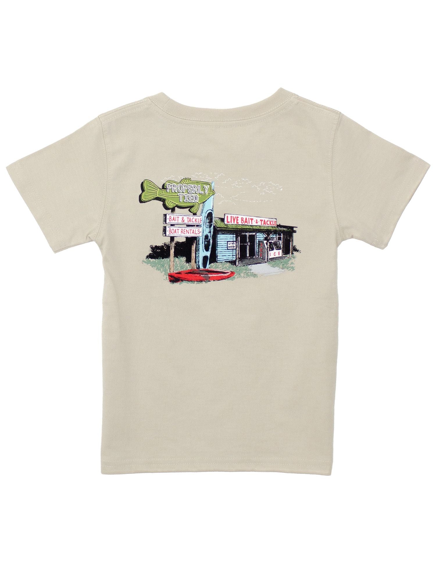 Properly Tied Boys Tee Shirt - Bait Shop on Tan Linen