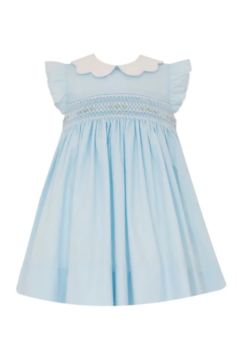 Petit Bebe Girls Blue Poplin Smocked Dress - Scalloped Collar