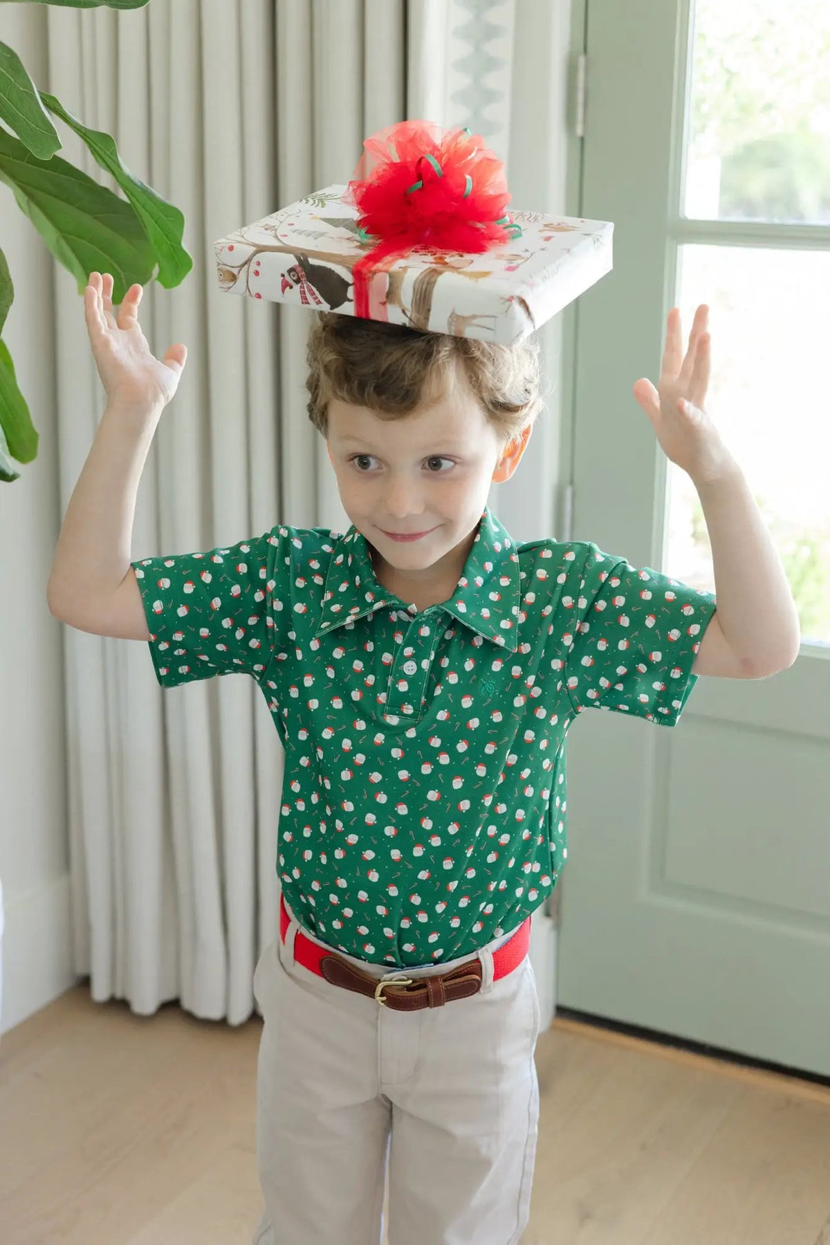 J. Bailey Boys Performance Polo Shirt - Green Christmas Santa