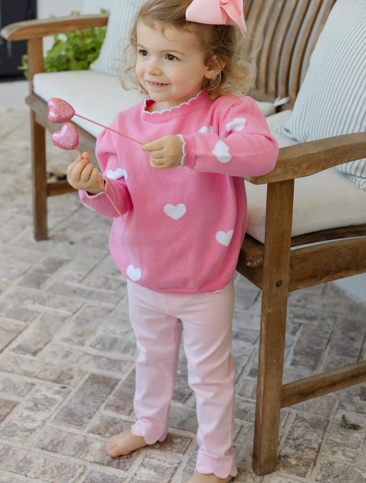Bailey Boys Girls Pink Crew Neck Sweater with White Valentine Hearts
