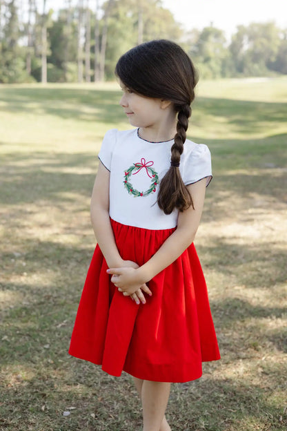 Bailey Boys Girls Red Corduroy Christmas Wreath Dress - Durham Plaid Sash by Bailey Boys