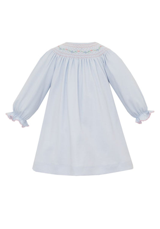 Petit Bebe Knits Girls Light Blue Smocked Long Sleeve Bishop Dress by Petit Bebe